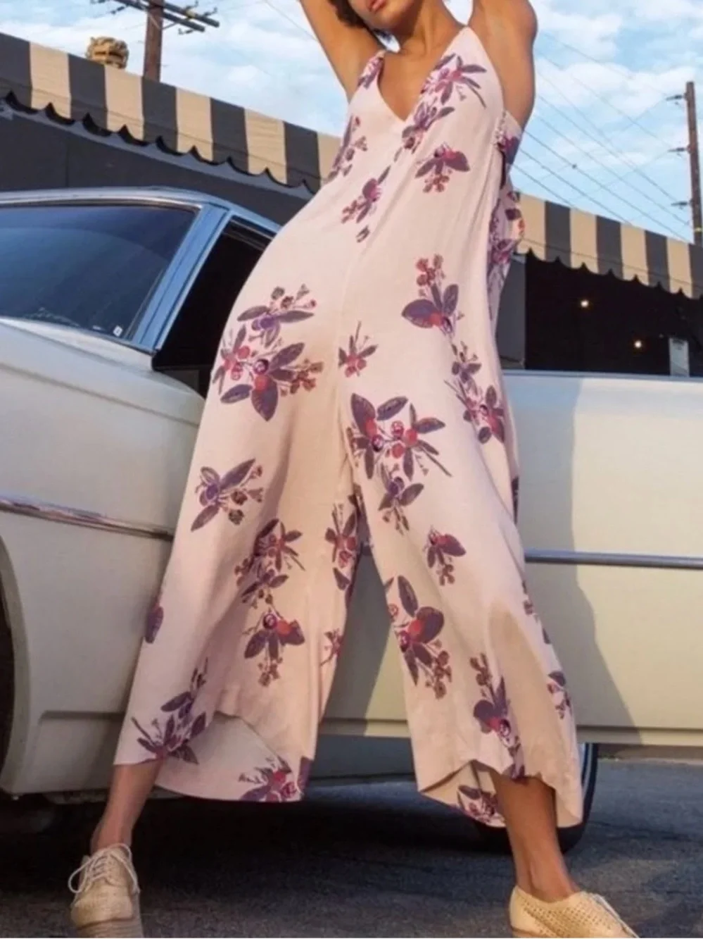 Free People Pink and Purple Floral Wide Leg Spaghetti Strap Jumpsuit - Size XS